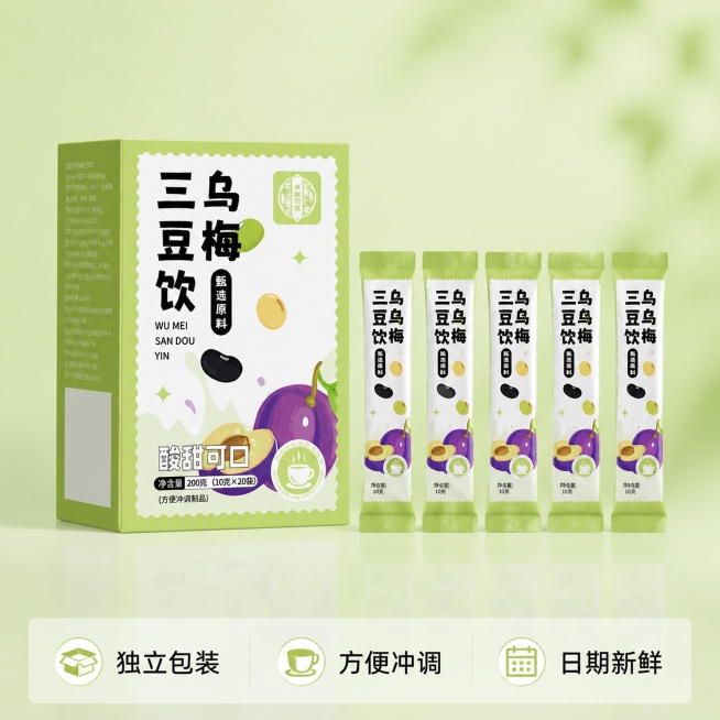 [主图-5] 乌梅三豆饮规格服务信任主图。[氛围风格] 清晰直观干净风，打消购买顾虑。[画质] 商业摄影质感，光线柔和通透，产品清晰真实，画面干净高级。[元素] 完整产品包装盒居中，旁边展示5包独立小预览效果