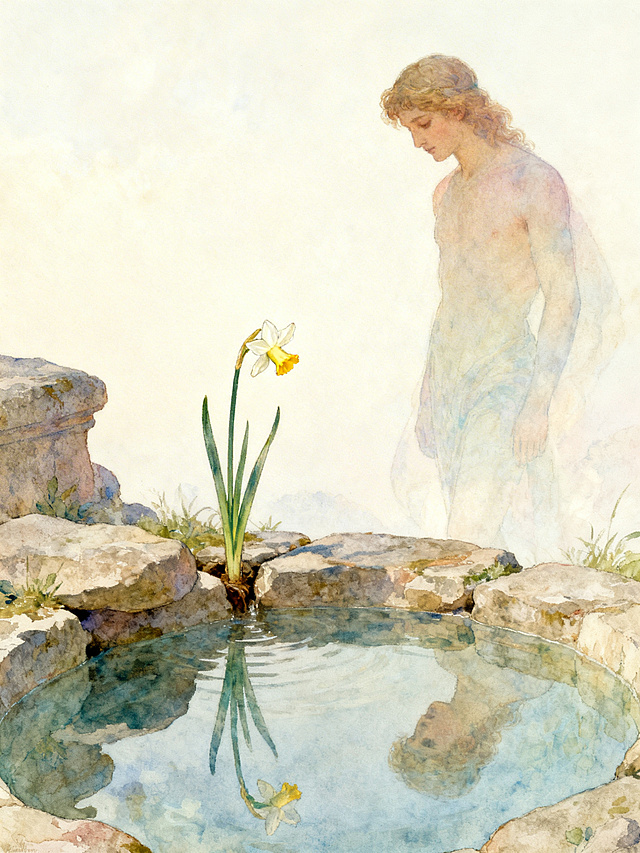 西方古典神话插画，色调柔和梦幻，无文字水印，竖版，风格与前序生成的纳西索斯插画完全统一。镜头六：全景，纳西索斯的身影消散，泉边石缝中生出一朵水仙，花朵低头朝向水面，彷佛还在凝望自己的倒影，背景明亮安宁。