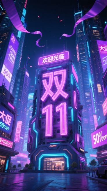 赛博朋克风格的未来城市夜景：发光的“双11”字形的机械大楼上方霓虹文字广告牌“欢迎光临”立在中间。高耸摩天楼布满密集，周围带有“大促”“50%OFF”等促销信息的霓虹招牌。紫、粉、蓝等鲜亮霓虹交织，搭预览效果