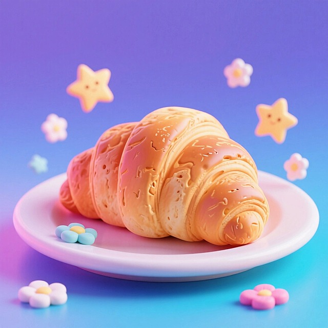 一个可颂放在盘子上，周围有可爱的星星、小花元素点缀