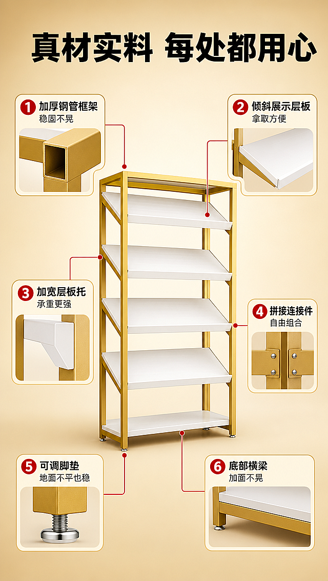 [商品] 使用【图1】轻奢金白多层展示货架；保留金色金属方管框架、白色层板、5层倾斜前置展示面+底层平层、可拼接组合结构；去除水印和文字标签。
[画面] 目标：结构解析页，引线标注核心部件。中心构图，货架单组全貌占画面55%，正面微侧角度；从货架各部位引出粗线指向四周信息卡，分别标注加厚钢管框架、倾斜展示层板、防滑层板托、可拼接连接件、可调平衡脚、底部加固横梁。背景为浅奶金色渐变。
[视觉] 套系策略：风格=拼多多接地气轻奢商业风；标题字=粗黑黑体大字报；正文字=清晰无衬线黑体；主色=暖金+奶白；背景延展=暖金和奶白深浅层级渐变、细腻哑光质感；强调色=正红色，仅用于编号圆点、引线端点；标题色=深黑金；正文色=深灰；组件=圆角信息卡、粗线引线、红底白字编号圆点；光影=正前方均匀暖光，产品各面清晰。
[文字] 顶部主标题："真材实料 每处都用心"；6个引线标注："① 加厚钢管框架 稳固不晃"、"② 倾斜展示层板 拿取方便"、"③ 加宽层板托 承重更强"、"④ 拼接连接件 自由组合"、"⑤ 可调脚垫 地面不平也稳"、"⑥ 底部横梁 加固不晃"。文字全部横排。
[规格] 图片比例9:16竖版，4K，避免变形、错字、文字过小、冷蓝灰背景、货架结构改变。