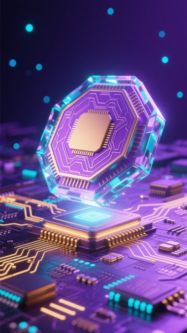未来科技感3D渲染，以明亮的紫色和青色为主色调，中央是一个造型独特的六边形处理器芯片，表面有复杂的几何纹路，周围环绕着发光的金色电路，芯片悬浮在布满精密线路和电子元件的电路板上方，整体画面采用低角度仰拍视角，光线从芯片底部向上照射形成光晕效果，背景为深邃的暗紫色，点缀着闪烁的蓝色光点，营造出神秘而先进的科技氛围，所有元素边缘锐利清晰，材质呈现光滑的金属质感与半透明的水晶光泽，细节丰富，层次分明……预览效果