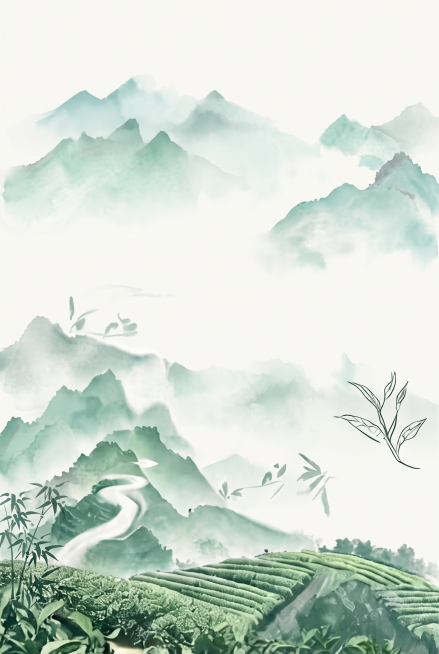 参考原图风格，生成纯背景图，移除所有文字，保留新中式淡青绿水墨插画风格，内容为青绿山水茶园风景，远处连绵浅灰色山峦，山间缭绕薄雾，山脚下层层梯田茶园，蜿蜒山间小路。整体色调低饱和浅薄荷绿+米白底色，画预览效果