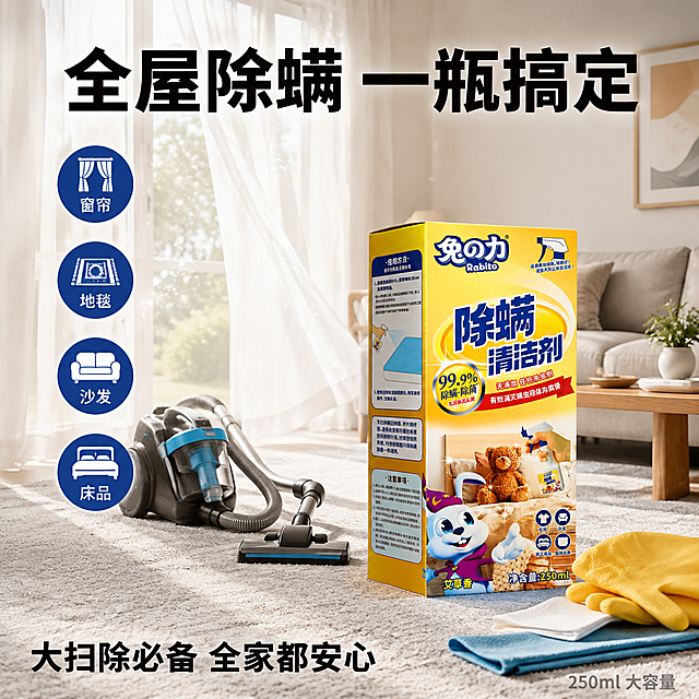 [主图-4] 窗帘地毯全屋除螨场景图
[氛围风格] 全屋清洁 大扫除场景 洁净彻底 家居整理
[画质] 商业摄影质感 光线通透明亮 产品清晰真实 画面整洁
[元素] 兔之力除螨清洁剂产品盒放在客厅的地板上 正面展示 产品外观与输入图完全一致 黄色包装盒细节不变。画面展示客厅全景的一部分 落地窗帘半拉开 阳光透过窗帘洒入 地毯是浅灰色的 上面有吸尘器和清洁工具 暗示全屋大扫除除螨的场景。窗帘在微风中轻轻飘动 空气中有洁净的光点。背景中可以看到沙发和茶几的一角 整体是整洁的客厅环境。产品旁边放着清洁手套和抹布 强化清洁场景。产品占画面约40% 画面满屏无边框。
[光影] 窗帘透过的自然光为主光 明亮通透 有光束效果 暖白色调 地毯纹理清晰 窗帘有柔和的透光感 整体光线充足干净
[配色] 主色调白色+浅灰色 辅助色暖黄色 强调色淡蓝色（清洁工具点缀 占比不超过10%）
[视角构图] 平视略偏仰视 产品在地板上为视觉中心 窗帘和客厅空间在背景 有空间纵深感 景深中等
[文字版式] 顶部大标题"全屋除螨 一瓶搞定" 黑色粗体大号字 居中。左侧四个圆形图标上下排列 分别是"窗帘""地毯""沙发""床品" 白字配深蓝底圆形。底部大字"大扫除必备 全家都安心" 黑色中号粗体字。右下角小字"250ml 大容量" 灰色。
[输出要求] 1:1比例 文字清晰锐利 超高清商业摄影质感
[负向提示词] 变形 文字错乱 产品图模糊 背景杂乱 水印 电商平台Logo 多余的手 畸形手 人物