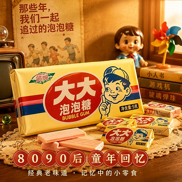 直播间副图，8090后童年回忆怀旧场景，画面主体是大大泡泡糖，包装复古老包装，暖黄色复古调调，突出童年小零食怀旧主题，商品清晰，背景干净适合直播间展示，有氛围感