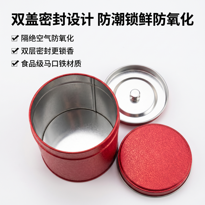 [主图 2] 冰裂纹茶叶罐双盖密封结构展示
[氛围风格] 专业细节展示，干净可信
[画质] 商业摄影质感、光线柔和通透、产品清晰真实、画面干净高级。
[元素] 打开盖子的红色冰裂纹茶叶罐居中放置，展示预览效果