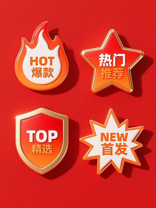 红色纯色背景上，四个造型完全不同的爆款元素规整排布，每个元素均保持高光泽度橙红色渐变主体、金色立体轮廓描边及高光效果的统一风格：第一个为火焰形状，内有白色“HOT”与橙色“爆款”文字；第二个为五角星形状，内有白色“热门”与橙色“推荐”文字；第三个为盾牌形状，内有白色“TOP”与橙色“精选”文字；第四个为爆炸星形，内有白色“NEW”与橙色“首发”文字，所有元素具有相同的材质质感、光影表现和设计感，整体视觉层级清晰，信息传达高效。