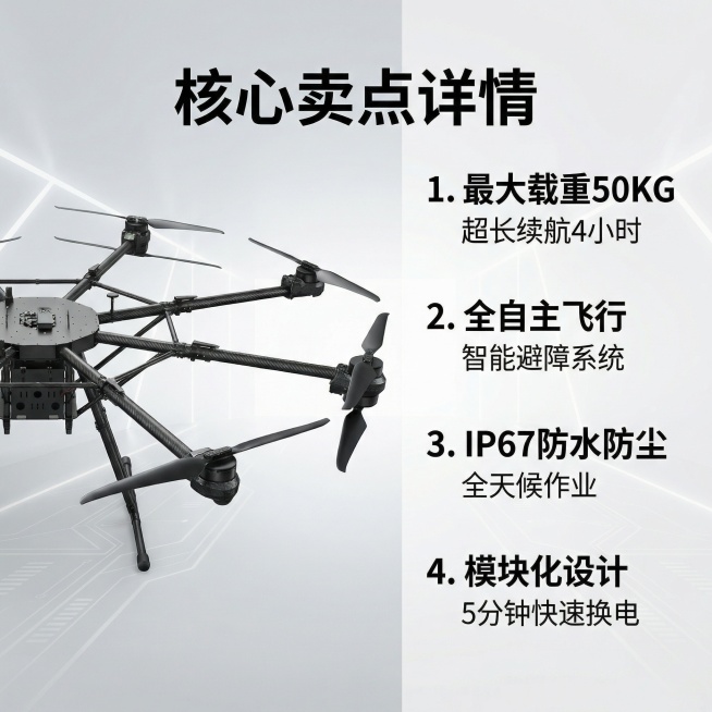 工业级八旋翼无人机卖点详情图，左侧展示无人机机身，右侧分点列出核心卖点："1. 最大载重50KG 超长续航4小时"、"2. 全自主飞行 智能避障系统"、"3. IP67防水防尘 全天候作业"、"4.预览效果