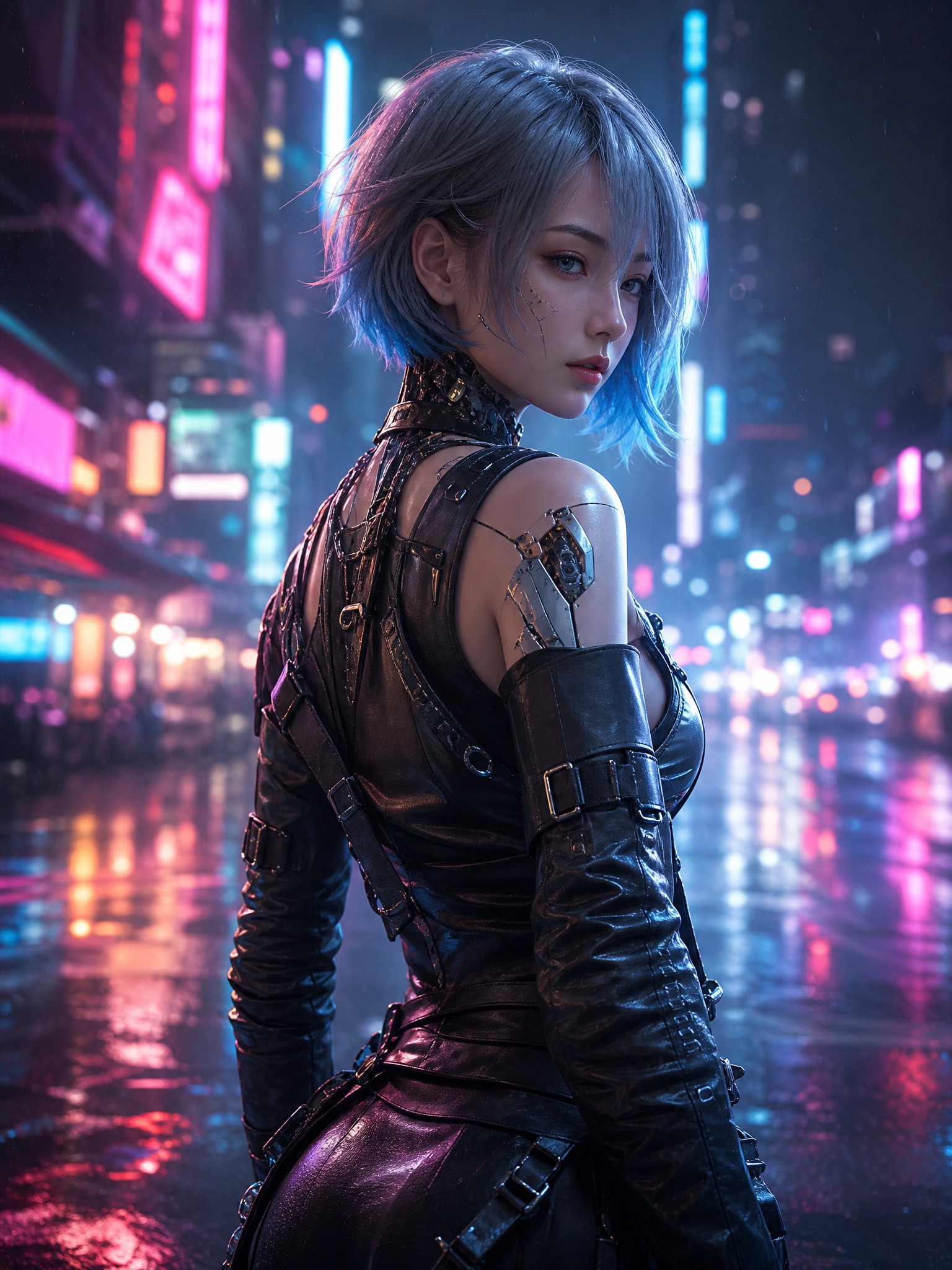 竖版商业招生海报底图，赛博朋克风格，雨夜未来都市街道背景，远处… - 图片创意预览