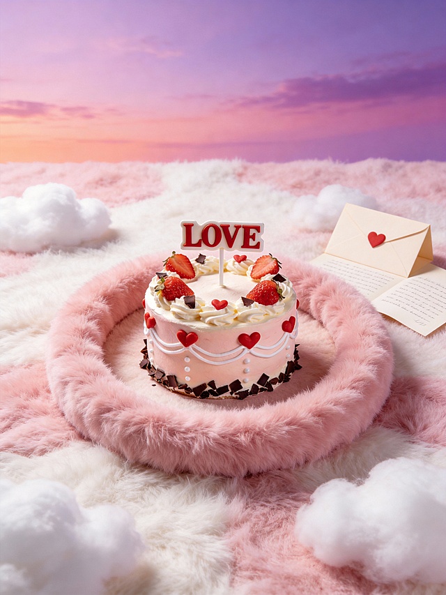 温馨治愈系商业渲染风格，画面以柔和的粉紫渐变天空为背景，采用平视俯视结合的视角，主体放置在画面中央的粉色毛绒环形道具上，占据画面视觉中心。右侧搭配一个情书信封和展开信件道具，背景是粉白相间的蓬松毛绒质感地面与云朵，整体色调柔和温暖，光影细腻，营造出浪漫甜美的氛围，主体与毛绒道具、信封道具形成和谐的视觉呼应，突出温柔甜美的视觉感受。