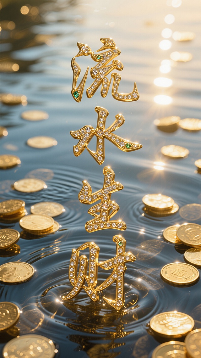 主体为金子做的“流水生财”，上面镶嵌珠宝，毛笔书法字体竖排版，背景：金币散落在清澈水中，暖阳光在硬币和水波纹上投射清晰高光与阴影，奢华金色调，硬币表面和水纹的精细纹理，散点构图带局部扎堆，浅景深模糊背景