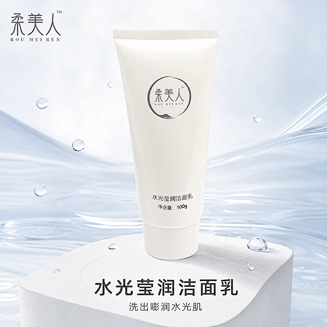 [主图-1] 柔美人水光莹润洁面乳品牌调性首图。
[氛围风格] 纯净清透科技感，极简高级静物风；
[画质] 商业摄影质感，3D超写实C4D渲染，Octane物理级渲染，光线柔和通透，产品清晰真实，画面干净高级。
[元素] 柔美人水光莹润洁面乳居中摆放，整体轮廓完整，左上角安全区域放置提取的"柔美人"品牌Logo，保持原字形配色比例不变，不遮挡产品主体。背景为浅蓝渐变流体柔光背景，点缀少量晶莹剔透的水滴和水波纹，搭配极简白色石膏静物台。保持洁面乳产品外观结构、材质质感、颜色与输入产品图绝对一致，杜绝任何变形色差，精细化处理。商品主体占比严格控制在70%左右，画面满屏无边框。
[光影] 主光用大型柔光箱打出均匀柔和的顶侧光，副光补亮底部暗部，整体为通透水润亮调，突出软管瓶身质感，光线干净无杂乱阴影。
[配色] 主色调浅蓝渐变白，辅助色保留产品本身高质感米白，整体清新干净。
[视角构图] 平视微俯视，主体居中，浅景深突出产品，轮廓完整不裁切。
[文字版式] 画面底部居中放置主文案，大字主标题写"水光莹润洁面乳"，小字副标题写"洗出嘭润水光肌"，字体选择高级简约无衬线，主标题字重加粗，字色深灰与浅背景形成清晰对比，不遮挡产品主体，保持安全边距。
[比例分辨率] 1:1比例，2k分辨率，文字清晰可辨，画面超高清。
[负向提示词] 变形，水印，文字错乱，产品图模糊，背景杂乱，暗沉，价格乱标，绝对化违禁词