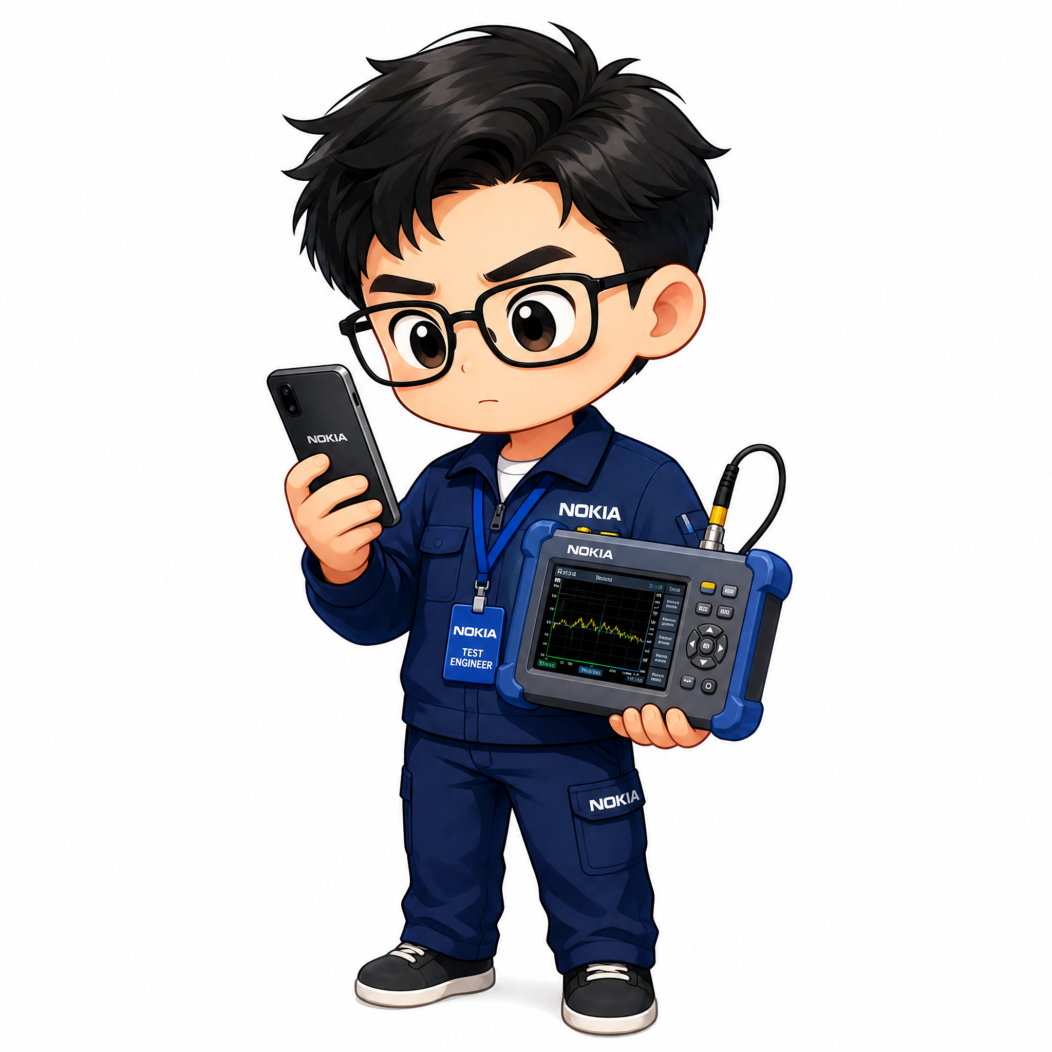 卡通风格的男性NOKIA测试工程师形象，戴眼镜，身穿印有NOK… - 图片创意预览
