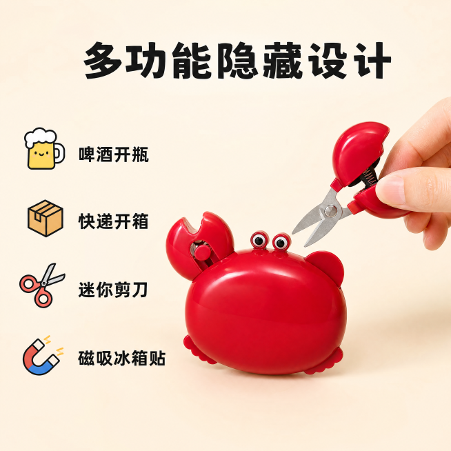 [主图-2] 螃蟹开瓶器多功能卖点展示图。
[氛围风格] 日式可爱工具美学 × 多巴胺家居 × 极简收纳；干净通透展示风格
[画质] 商业摄影质感、光线柔和通透、产品清晰真实、画面干净高级。
[元素]预览效果