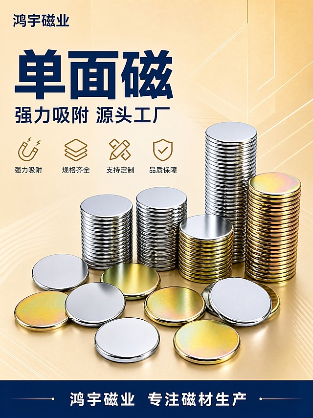 [商品] 使用【图2】【图3】【图5】圆形单面磁铁片产品；保留圆形磁铁片的形状、银色/金色金属质感和单面磁结构，保留产品的金属光泽和圆形轮廓；产品精修：清理表面灰尘和划痕，增强金属表面反光质感，边缘清晰锐利，突出金属质感。
[画面] 页面目标：专业头图，建立源头工厂品质感，突出单面磁强力吸附特点。上下构图，上半部分为标题区，下半部分为产品展示区。画面中央偏下位置陈列多组圆形单面磁铁，有堆叠成柱的、有平铺展示的，金银两色都有，形成丰富的产品阵列，产品占画面约55%。背景为米金色渐变，带有淡淡的几何线条装饰。左上角用文字写"鸿宇磁业"，不加任何图形logo。底部有一条深蓝色信息条。
[视觉] 套系策略：风格=蓝金工业品质风，源头工厂专业感；标题字=现代粗黑体，厚重有力；正文字=简洁无衬线体；主色=深蓝色+米金色；背景延展=米金色到浅米色渐变，带细腻纹理质感；强调色=浅金色，用于图标、引线、标签；标题色=深蓝色；正文色=深灰色；组件=圆角信息卡、细线引线、浅金色图标；光影=柔和顶光，金属磁铁有细腻高光和边缘反光，立体感强。
[文字] 上部左侧主标题深蓝色大字写"单面磁"，副标题写"强力吸附 源头工厂"，下方4个浅金色小图标配短文案：强力吸附、规格齐全、支持定制、品质保障。底部深蓝色信息条白字写"鸿宇磁业 专注磁材生产"。文字横排，层级清晰，不遮挡产品主体。
[规格] 图片比例3:4竖版，2K分辨率，避免变形、错字、文字过小、产品结构失真、颜色偏差、悬浮感、水印、平台Logo。