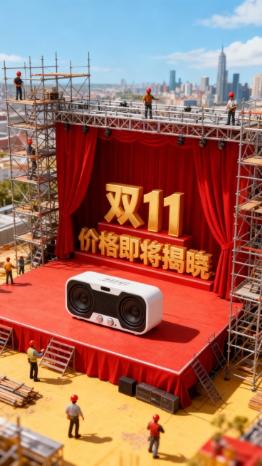 "微雕艺术，微距摄影，一个大舞台搭建的场景，中央金色立体大字两排：第一排："双11”，参考图主体放中间；第二排：“价格即将揭晓""，红色幕布拉开，图片上的物体在舞台上，舞台周围环绕着大面积脚手架，上面预览效果