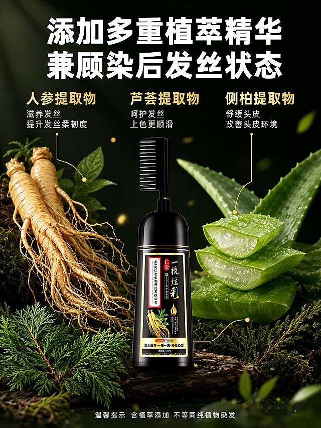 [主图-3] 植萃成分展示 一梳炫彩染发剂成分解析。
[氛围风格] 天然植萃风 清新高级 成分可视化 黑金底色配绿色植物。
[画质] 商业摄影质感 光线自然柔和 植物真实鲜活 画面干净通透。
[元素] 画面中央偏下摆放一梳炫彩染发产品（黑色瓶身）正面视角 产品占画面约40%。产品周围环绕三种核心植萃成分 左上是新鲜人参根 带须根 土黄色 质感真实 右上是新鲜芦荟叶片 翠绿多汁 断面有透明凝胶 左下是侧柏叶枝条 深绿色细小叶片。每种成分旁边有金色细线引出到对应说明区。背景为深墨绿色到黑色的渐变 底部有柔和光斑 营造天然高级感。空气中漂浮少量金色光点和绿色叶片碎片 增加氛围感。保持产品外观（即物理结构 材质质感 颜色 包装）与输入产品图一致 杜绝任何变形和色差 精细化处理。
[光影] 自然光从上方斜射 柔和窗光效果 植物叶片有透光感 人参有自然纹理高光 瓶身黑色有柔和反光 整体氛围温润自然 暗调中突出植物和产品。
[配色] 主色调 深邃黑 植萃绿；辅助色 人参金 芦荟翠绿。
[视角构图] 平视视角 中心环绕式构图 产品在中心 三种成分分布在产品周围三个方向 上部留作文案区。
[文字版式] 画面顶部大标题居中 超大号粗黑体白字 "添加多重植萃精华 兼顾染后发丝状态"。标题下方分三列展示成分 每列上方是成分名称 金色粗体大字 下方是功效说明 白色小号字体 左对齐。第一列 "人参提取物 滋养发丝 提升发丝柔韧度" 第二列 "芦荟提取物 呵护发丝 上色更顺滑" 第三列 "侧柏提取物 舒缓头皮 改善头皮环境"。画面底部有一行温馨提示 小号白色字体 "温馨提示 含植萃添加 不等同纯植物染发"。文字全部清晰可读 不遮挡产品主体。
[输出要求] 3:4比例 文字清晰可辨 超高清商业摄影质感。
[负向提示词] 变形 文字错乱 产品图模糊 背景杂乱 水印 电商平台Logo 人物。