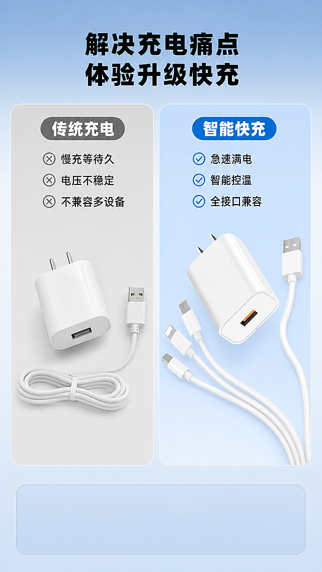 [第2屏] 痛点直击对比屏，对比传统充电器和本款快充充电器套装，保留原图产品外观结构不变。
[氛围/风格] 专业理性电商风格，浅蓝渐变背景，清晰科技质感，对比分明。
[元素布局] 左右分栏对比布局，左侧为普通传统充电器，文字标注"传统充电"，右侧为本款白色快充充电器套装，标注"智能快充"。保持本产品白色外观、一拖三线材和接口特征完全一致。底部留出行文区域，整体干净分块清晰。
[光影质感] 均匀柔和布光，左右光影一致，产品清晰通透，对比明显。
[配色色系] 全局底色：#82AED8（浅蓝渐变）；保持产品主体白色，文字黑色，对比色块浅灰区分。
[视角构图] 左右分屏对比平视构图，各占一半区域，产品主体在分栏中心位置。
[文字版式] 顶部主标题"解决充电痛点 体验升级快充"加粗黑色；左侧分栏标题"传统充电"，下方痛点文字"慢充等待久 电压不稳定 不兼容多设备"；右侧分栏标题"我们的快充"，下方优势文字"急速满电 智能控温 全接口兼容"。文字排版清晰，分栏明确，字体保持简洁粗体，移动端可读。
[比例分辨率] 9:16 竖版比例，2K分辨率，文字清晰可辨，超高清。
[负向提示词] 产品变形，接口错误，文字错乱，对比模糊，水印，背景杂乱
