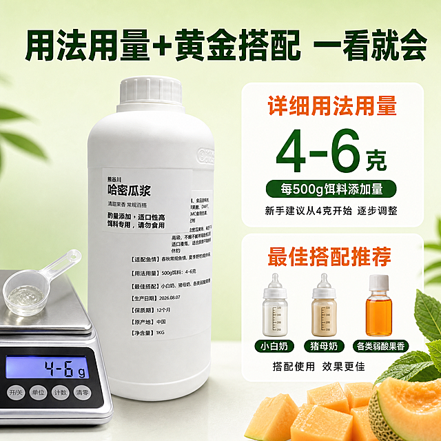 [主图-4] 哈密瓜浆用法用量+最佳搭配 钓鱼小药使用指南图。
[氛围风格] 拼多多电商实用信息图风格，清晰易懂，操作指引感；
[画质] 商业摄影质感、光线明亮均匀、产品清晰、信息展示直观。
[元素] 画面左右分栏布局。左侧：白色哈密瓜浆塑料瓶居中摆放，旁边放一个小型电子秤显示4-6克，还有一个量勺舀着少量透明浆体，展示用量概念。保持产品外观（即物理结构、材质质感、颜色、标签内容）与输入产品图完全一致，杜绝任何变形和色差。商品主体占比约40%。右侧：上下两个信息区块，上方是用法用量说明区，下方是最佳搭配推荐区。背景为浅果绿到白色渐变，干净清爽。右下角摆放哈密瓜果肉块和绿叶装饰。
[光影] 正面柔光照明，产品和道具受光均匀，底部有柔和投影，整体明亮干净，信息区清晰可读。
[配色] 主色浅果绿+白色；辅色深绿字+橙色强调；卡片为白色圆角。
[视角构图] 略微俯视平视，左右分栏构图，左产品右信息，平衡清晰。
[文字版式] 顶部通栏深绿色粗体大标题"用法用量+黄金搭配 一看就会"，居中。右侧上方区块标题"详细用法用量"，橙色粗体，下方大号数字"4-6克"配说明"每500g饵料添加量"，再附小字"新手建议从4克开始 逐步调整"。右侧下方区块标题"最佳搭配推荐"，橙色粗体，下方三个小图标横排：小白奶瓶图标+"小白奶"、猪母奶瓶图标+"猪母奶"、果香瓶图标+"各类弱酸果香"。底部小字"搭配使用 效果更佳"。所有文字清晰可读。
[输出要求] 1:1比例，文字清晰锐利，超高清商业摄影质感。
[负向提示词] 变形，文字错乱，产品图模糊，背景杂乱，水印，电商平台Logo，多余的手，畸形手，人物面部扭曲。