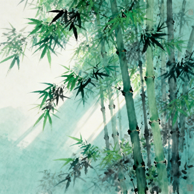 画面以竹林为背景，竹林生长繁茂，竹竿挺拔修长，竹叶翠绿层次分明，整体氛围庄重典雅，富有东方古典意境，光线柔和自然，色调沉稳和谐预览效果