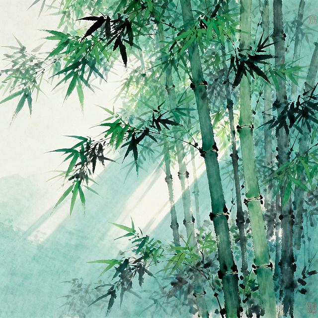 画面以竹林为背景，竹林生长繁茂，竹竿挺拔修长，竹叶翠绿层次分明，整体氛围庄重典雅，富有东方古典意境，光线柔和自然，色调沉稳和谐