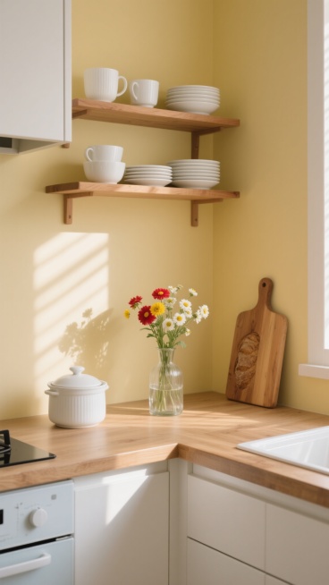 明亮的现代简约风格厨房局部，温暖的淡黄色墙壁，柔和的自然光从左侧斜射形成清晰的光影纹路，木质台面和壁挂式木色搁板，白色陶瓷餐具（带盖炖盅、茶杯、叠放的盘子），透明玻璃花瓶插着红黄白色小花，左侧有木质面包板，下方是白色抽屉，整体色调明快温馨，充满生活气息，细节清晰，质感细腻，构图简洁平衡。预览效果