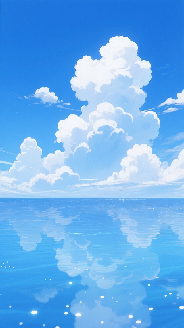 超高清动漫风格插画，纯净的蓝色天空占据画面上半部分，天空中漂浮着形态各异的白色云朵，有的呈絮状轻盈飘逸，有的边缘清晰立体感强，云朵分布疏密有致，画面下方是广阔平静的海面，海水呈现由浅至深的渐变蓝色，从近景的清澈碧蓝过渡到远处与天空相接的深邃蔚蓝，海面波光粼粼，有细小的白色光点闪烁，呈现出光滑如镜的质感，能清晰倒映出天空的色彩和云朵的轮廓，整体色调以不同层次的蓝色为主，营造出宁静、开阔、治愈的氛围，光影柔和，光线明亮但不刺眼，整体画面给人一种通透、纯净、心旷神怡的感觉。