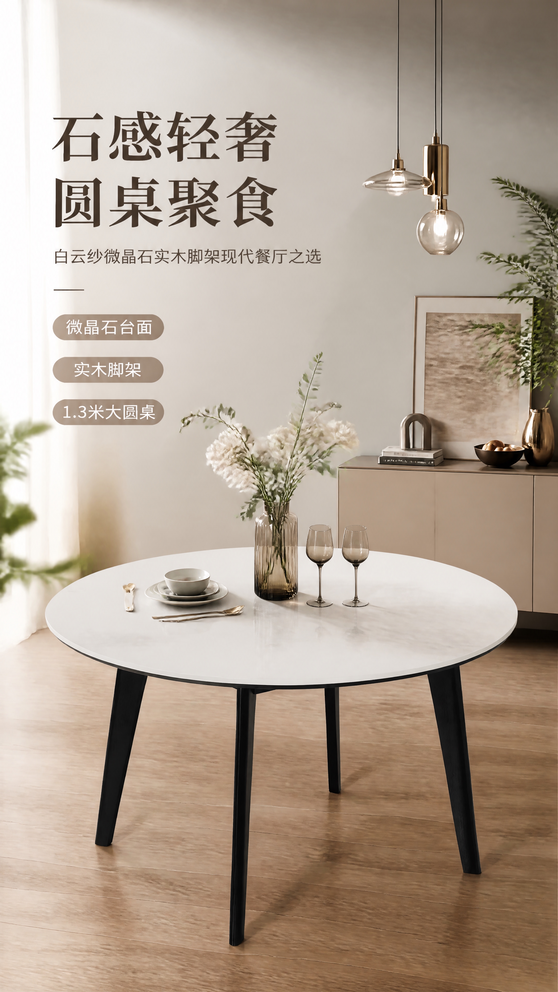 详情页头图，白云纱微晶石圆形餐桌餐厅整屋主视觉海报。现代轻奢简… - 图片创意预览