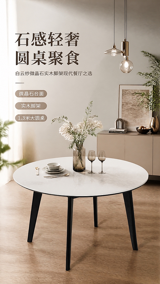 详情页头图，白云纱微晶石圆形餐桌餐厅整屋主视觉海报。现代轻奢简约风，暖调自然光餐厅场景，高级感商业摄影质感，温馨居家氛围。餐桌置于画面中央偏下，45度斜侧视角展示全貌；背景为现代餐厅空间，含浅灰色墙面、木质地板、简约餐边柜、装饰吊灯、绿植、餐具摆件等软装元素；桌面为白云纱微晶石纹理，黑色橡胶木贴皮四脚支架稳固支撑；桌上摆放简约餐具与花艺装饰。左上方暖调自然光为主光源，右侧柔和补光，桌面有自然高光反射。全局底色暖米灰；主色白云纱白加黑色桌脚。左上竖列标题区，主标题石感轻奢 圆桌聚食，副标题白云纱微晶石实木脚架现代餐厅之选，三个胶囊卖点微晶石台面 实木脚架 1.3米大圆桌。竖版9比16比例，4K高清画质。