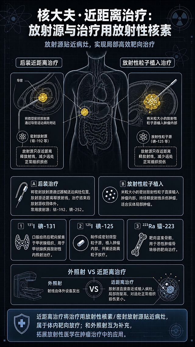 医学科普海报，主题为「核大夫·近距离治疗：放射源与治疗用放射性核素」，深炭灰底色，点缀淡淡的坐标网格、原子图形、靶心符号，无花哨装饰，无卡通，无漫画，无波普风格，严谨专业的信息图风格。

【顶部（画面上方1/6）：居中大标题“核大夫·近距离治疗：放射源与治疗用放射性核素”，副标题“放射源贴近病灶，实现局部高效靶向治疗”；标题冰白色，副标题浅灰蓝色。

中部主视觉区（画面核心45%高度）：画面中心为简约人体躯干线稿剪影。主视觉分为左右两块示意图：
①左侧：后装治疗示意简图，微型密封放射源通过导管送入病灶附近，标签“后装近距离治疗”；
②右侧：粒子植入示意图，米粒大小放射性粒子源植入肿瘤病灶内部，标签“放射性粒子植入治疗”；
病灶位置使用明黄色高亮标记肿瘤区域；放射源用极小圆点+原子符号标识；用细引线标注放射源只在近距离释放射线，减少远处正常组织损伤。画面角落点缀原子矢量图标与简约放射性标识。

中下部知识卡片网格：上方2张技术卡片，下方3张「治疗用放射性核素」卡片；全部圆角深色卡片#272b33，冰蓝细边框。

技术卡片组：
卡片A标题：“后装治疗”，正文：“将密封放射源通过器械送达病灶位置，放射源近距离释放射线，治疗结束后放射源收回体外。常用放射源：铱‑192、锎‑252。”
卡片B标题：“放射性粒子植入”，正文：“米粒大小的密封放射性粒子直接植入肿瘤内部，持续释放射线杀伤肿瘤，适合实体局部肿瘤。”

治疗用放射性核素卡片组：
卡片1标题：“¹³¹I 碘‑131”，正文：“口服给药后靶向聚集于甲状腺组织，用于甲状腺疾病放射性内照射治疗。”
卡片2标题：“¹²⁵I 碘‑125”，正文：“制作成密封微型粒子源，植入肿瘤内部，开展近距离粒子放疗。”
卡片3标题：“²²³Ra 镭‑223”，正文：“靶向富集骨骼，用于恶性肿瘤骨转移的靶向治疗。”

补充小说明模块（卡片下方）：标题“外照射 VS 近距离治疗”，正文“外照射：射线由体外设备发出；近距离治疗：放射源直接靠近或植入病灶，局部剂量高，对远处正常组织损伤更小。”

画面最底部通栏总结条，半透明冰蓝色底色，总结文字：“近距离治疗将治疗用放射性核素/密封放射源贴近病灶，属于体内靶向放疗；和外照射互为补充，拓展放射性医学在肿瘤治疗中的应用。”

整体为竖版海报，信息层级清晰，医学科技感，深色背景带淡淡网格线，冰蓝与明黄点缀。
