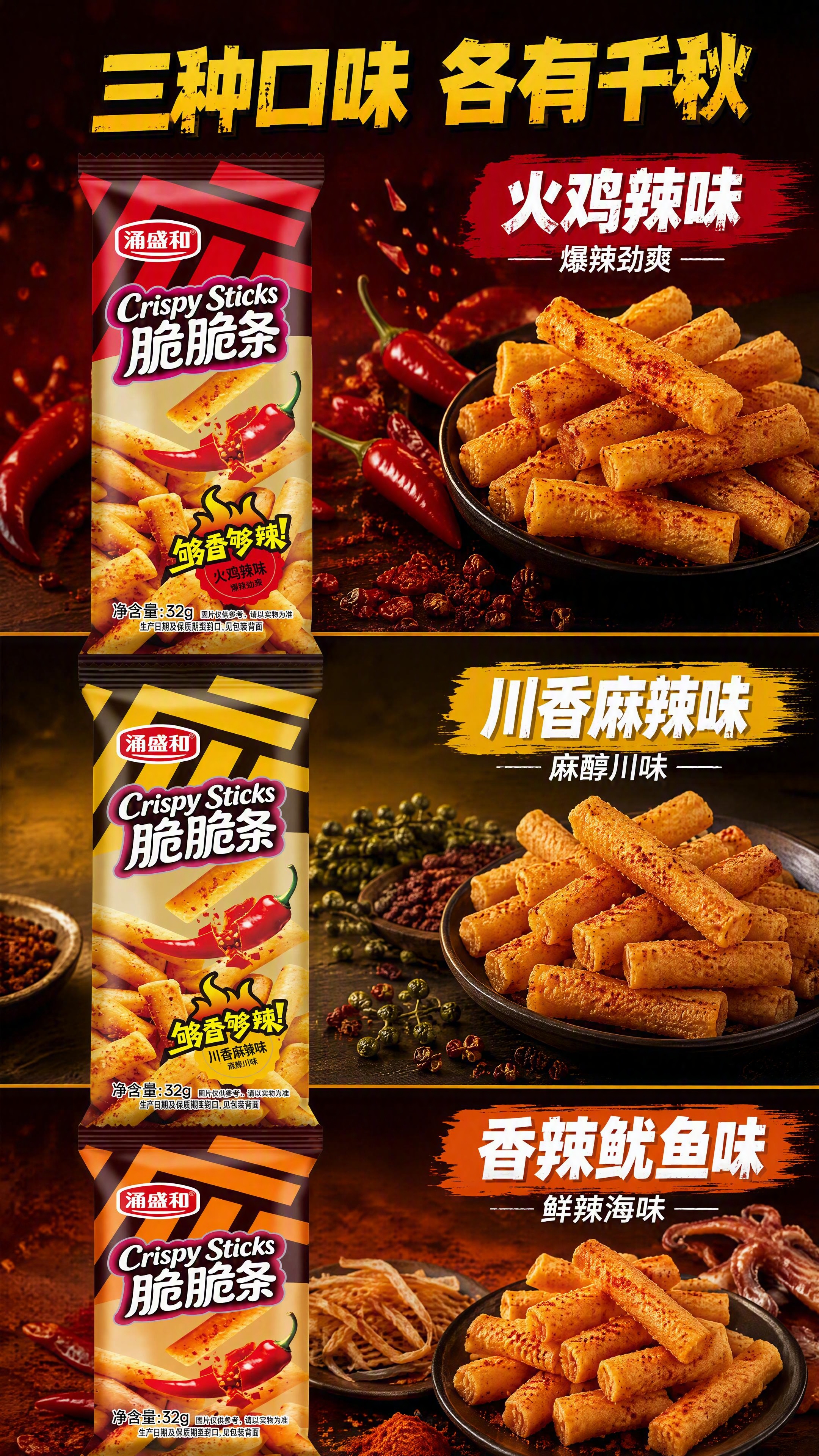 [第5张] 三口味矩阵页-火鸡辣/川香麻辣/香辣鱿鱼分味展示。… - 图片创意预览