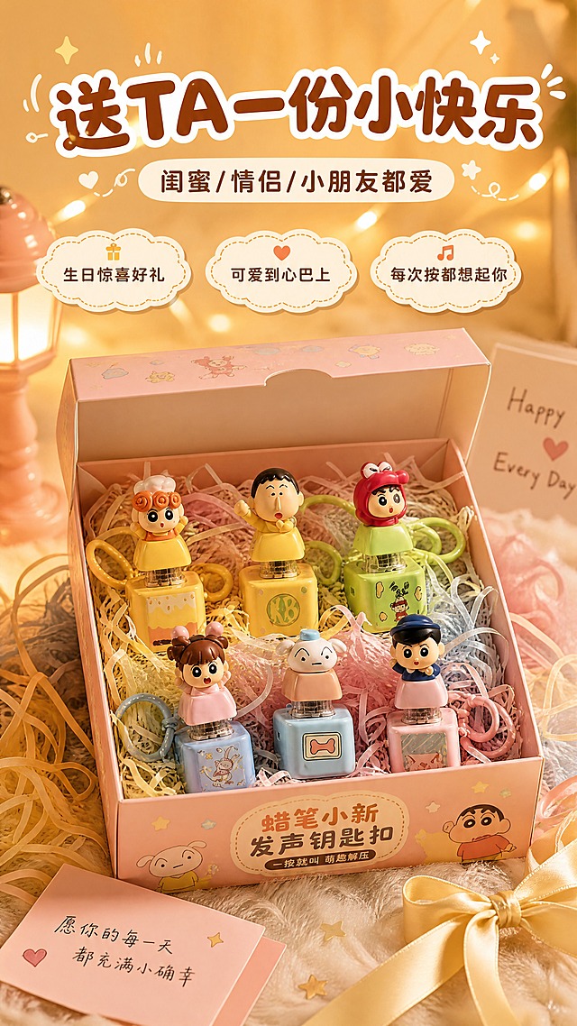 [商品] 使用【图1】蜡笔小新发声钥匙扣全套6款装在可爱礼盒中；保留每款角色造型、颜色、底座结构；商品处理：摆放在打开的礼盒内，周围有拉菲草和小贺卡，增强礼物氛围感，不改变角色造型。
[画面] 页面目标：礼赠场景，突出产品作为礼物的价值。构图：中间偏下一个粉色可爱礼盒打开着，里面整齐摆放6款钥匙扣，周围有彩色拉菲草、小贺卡和丝带装饰，产品占画面50%，上方留白放标题，背景是暖黄色温馨桌面虚化，前景礼盒+拉菲草，中景钥匙扣，后景暖黄虚化背景+串灯装饰，≥3层环境元素。阅读动线：从上至下。
[视觉] 套系策略：风格=萌系治愈暖调商业摄影；标题字=圆润粗黑卡通体；正文字=圆角无衬线体；主色=暖橙黄；背景延展=基于暖橙黄做深浅渐变、毛绒质感与柔焦光斑；强调色=奶白色，仅用于小面积标签、圆点装饰和引线；标题色=深橙棕色；正文色=暖棕色；组件=圆角云朵形信息卡、虚线边框、小星星装饰；光影=左前侧暖柔光，柔和阴影，整体温馨治愈。
[文字] 上方主标题"送TA一份小快乐"，副标题"闺蜜/情侣/小朋友都爱"，下方3个短卖点：「生日惊喜好礼」「可爱到心巴上」「每次按都想起你」；所有文字横排，不遮挡礼盒和角色主体，文字层级清晰，手机端可读。
[规格] 图片比例9:16竖版，4K，避免变形、错字、文字过小、冷蓝/蓝灰背景、角色颜色改变、结构失真、极限词。