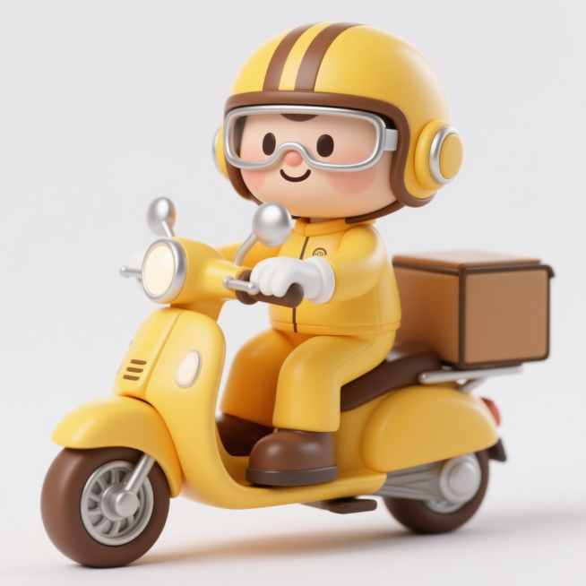 3D卡通风格，可爱的外卖骑手公仔，全身穿着黄色连体制服，头戴黄色头盔，头盔上有棕色条纹和银色护目镜，耳朵处有圆形耳机，面部表情微笑，双手戴着白色手套握住车把，正骑在一辆黄色的小型摩托车上，摩托车车头有圆形大灯，车轮为棕色轮毂配银色轮辐，车尾有一个棕色的方形外卖箱，整体造型圆润可爱，色彩明快，以黄色为主色调，搭配棕色和白色细节，高光和阴影处理体现出塑料玩具的质感，简洁的白色背景突出主体。预览效果
