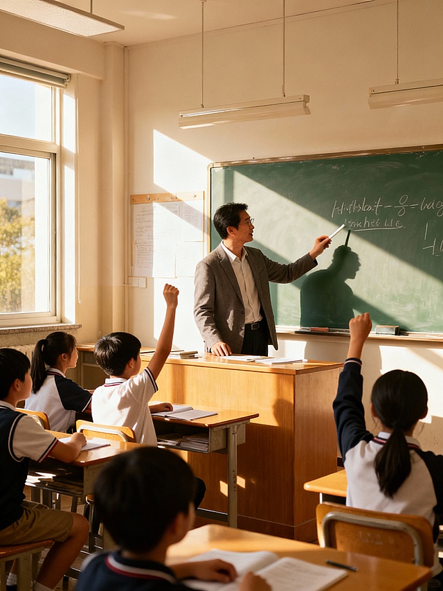 老师在讲台上课，学生举手回答问题，图片比例3:4