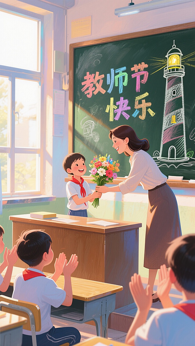1个小学生和一个女老师站在讲台上，小学生手上拿着花，女老师弯腰接受这朵花，插画风格，暖色调，黑板上写着教师节快乐，黑板上画着灯塔。同学在下面鼓掌，阳光从窗户射进来