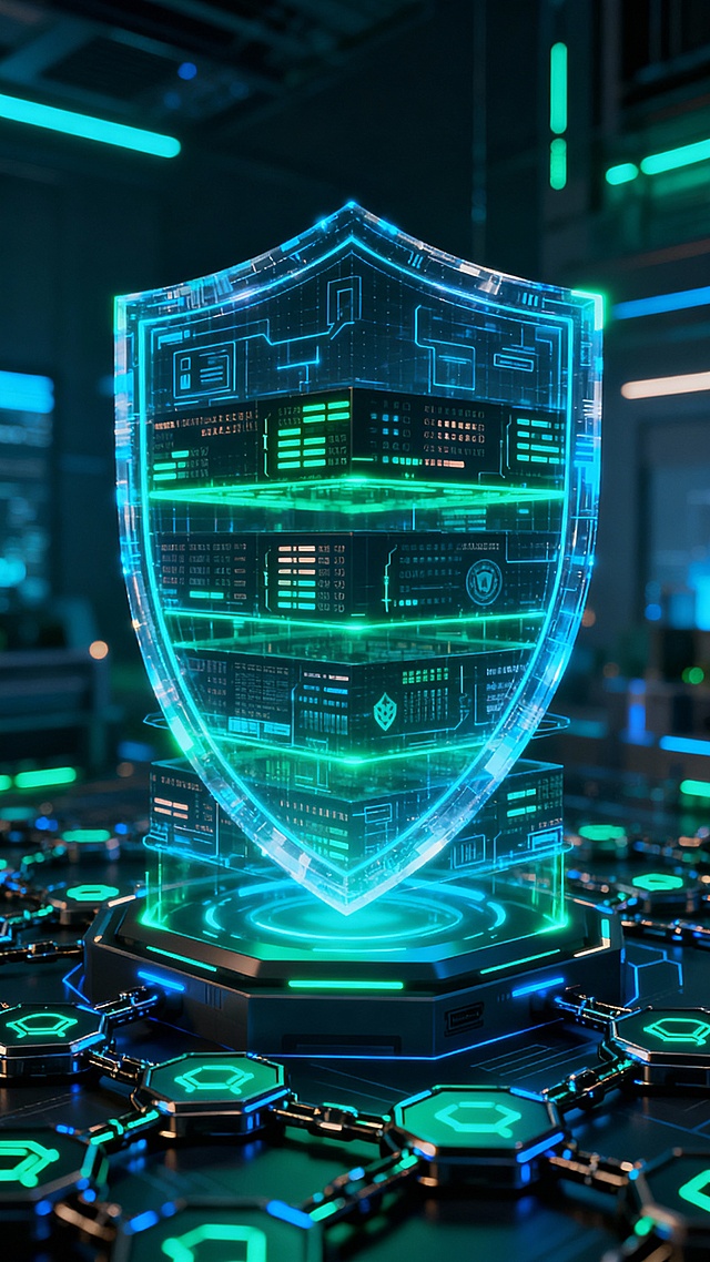 Crypto security technology background, encrypted data layers, digital shield structures, secure blockchain environment, green and blue neon accents, enterprise-level cybersecurity style, no symbols, no text, vertical 9:16