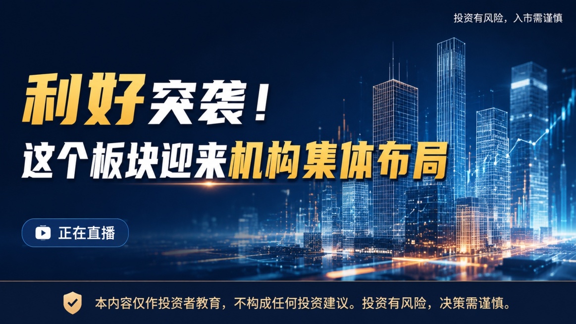 生成金融投教知识问答海报，参考提供图片风格，科技极简商务质感，背景为数字化金融城市建筑线条风格，主标题2行显示，大字体突出重点关键字："利好突袭！
这个板块迎来机构集体布局"，左下方小字标注"正在直播预览效果