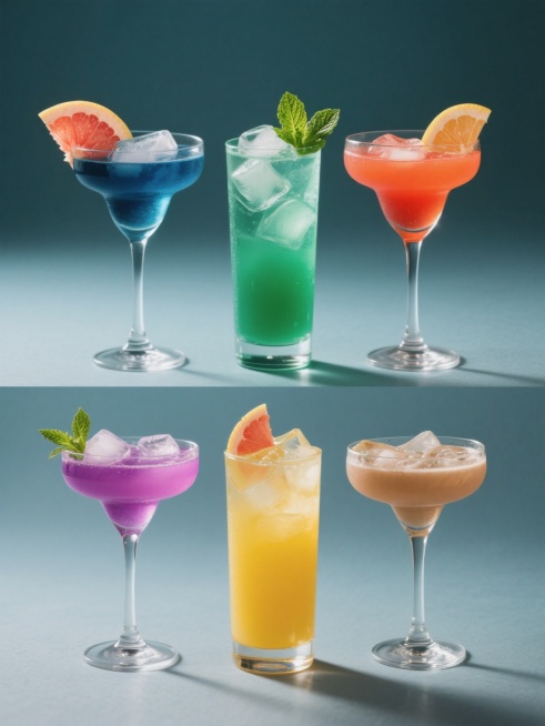 六款不同色彩的精致鸡尾酒系列海报，每款均采用高脚杯盛装，内置冰块与对应色系的透明液体，杯口装饰新鲜水果片与薄荷叶，整体呈现高分辨率写实摄影风格，光影层次分明，杯身通透有光泽，纯色背景衬托，六款饮品规整排列成两行三列，色彩分别为深蓝、翠绿、橙红、粉紫、明黄、浅棕，保持一致的构图与视觉质感，无文字及装饰元素。预览效果