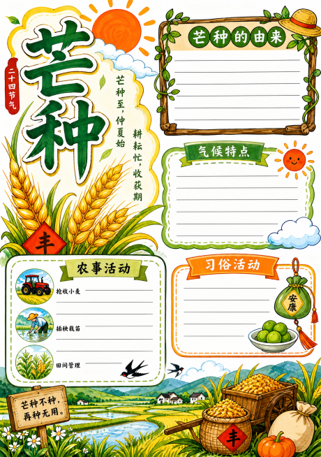 芒种主题手抄报，马克笔手绘风格，包含二十四节气芒种文字板块，绘制麦穗、稻田等丰收元素，版面整齐适合打印，马克笔笔触清晰预览效果