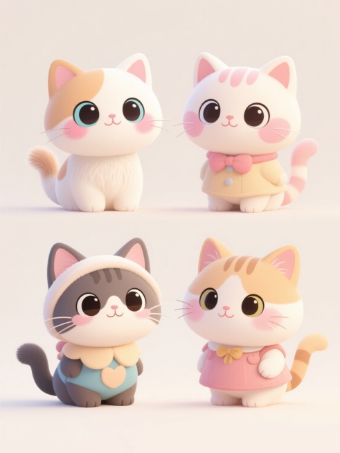 四个不同品种、不同姿势的可爱小猫，采用圆润Q版卡通风格，头部占比大，有着水汪汪的大眼睛和粉嫩腮红，柔和的渐变色毛发，穿着不同风格的可爱服饰，上下两行对齐排列，浅色背景，整体画面温馨治愈，线条流畅简洁，色彩明亮柔和，充满童趣。预览效果