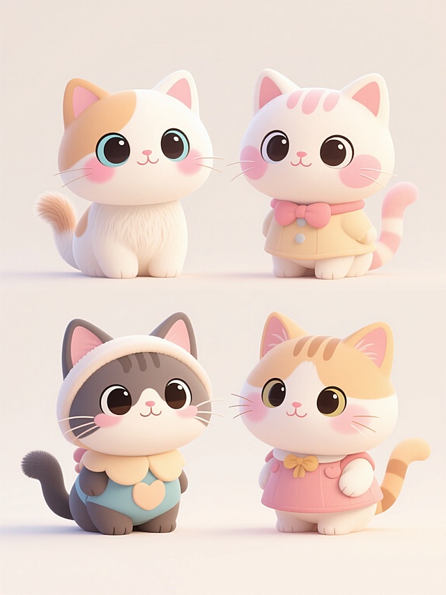 四个不同品种、不同姿势的可爱小猫，采用圆润Q版卡通风格，头部占比大，有着水汪汪的大眼睛和粉嫩腮红，柔和的渐变色毛发，穿着不同风格的可爱服饰，上下两行对齐排列，浅色背景，整体画面温馨治愈，线条流畅简洁，色彩明亮柔和，充满童趣。