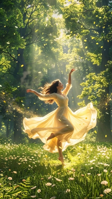 在这张图的视觉中心点加入一个女生，在阳光中翩翩起舞预览效果