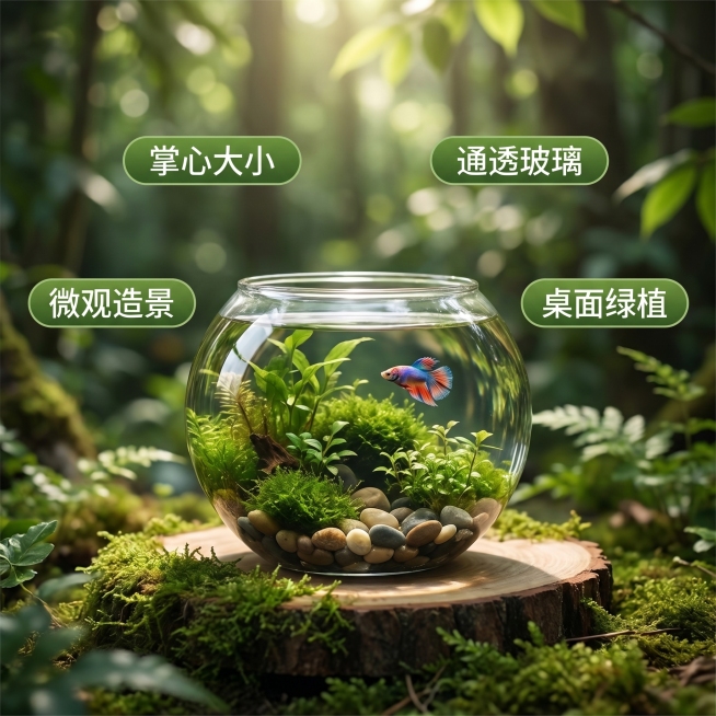 [主图 2] 掌上鱼缸核心卖点展示。[氛围风格] 自然森系丛林风，清新治愈，和首图风格光影完全统一。[画质] 商业摄影质感、光线柔和通透、产品清晰真实、画面干净高级，真实质感。[元素] 造景完成的掌上预览效果