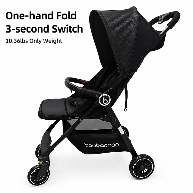 [主图-1] Lightweight baby stroller full product display. The first main image of Amazon cross-border e-commerce uses pure white background #FFFFFF. The product is centered, accounting for more than 85% of the picture. It displays the complete 45-degree side of the black baobaohao baby stroller, maintaining the product's original appearance, physical structure, material texture and color completely consistent with the input product image, no distortion or color difference, fine processing. The overall picture is clean and high-end, with commercial photography texture, soft and transparent light, clear product, real and advanced picture. Main title in the upper left negative space left-aligned, large font bold English title: One-hand Fold 3-second Switch, highlighting the core selling point, auxiliary short sentence: 10.36lbs Only Weight. The text is clear and readable, does not block the main body, the color contrast is strong. 1:1 square proportion, 2048 * 2048 ultra high definition commercial photography texture. Negative prompt: deformation, confusing text, blurred product picture, messy background, watermark, e-commerce platform Logo.