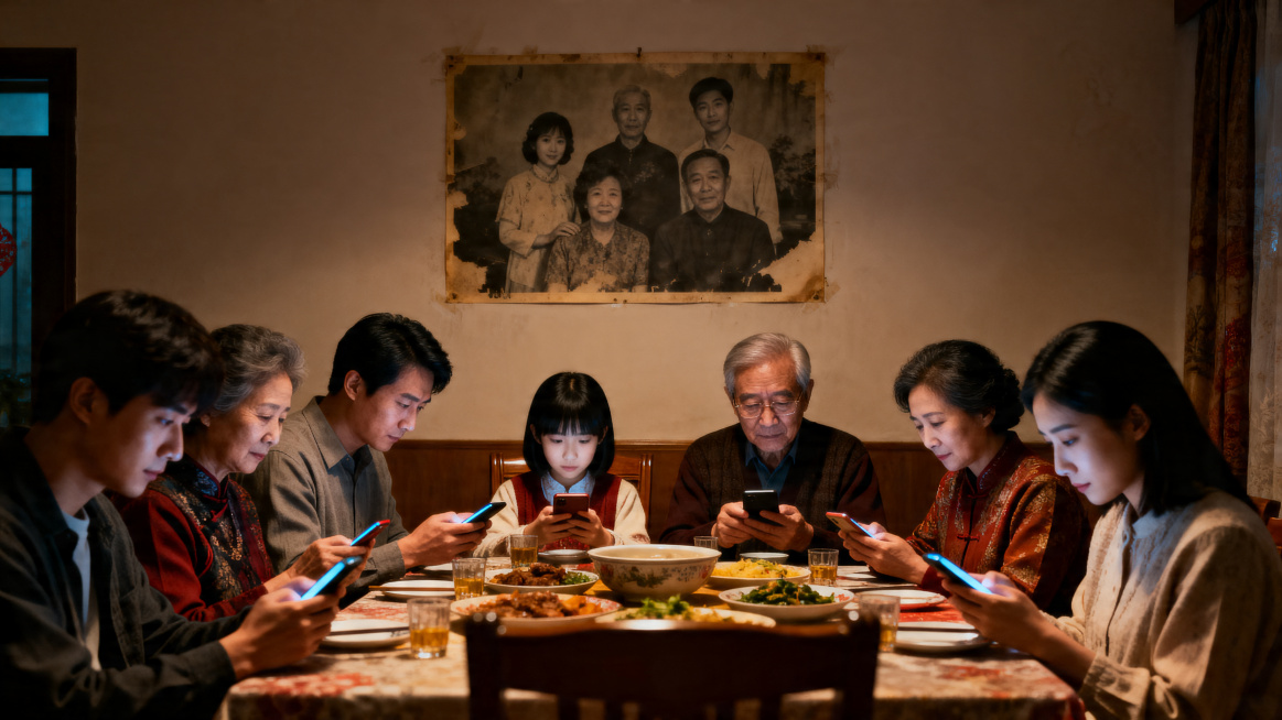 一张对比强烈的横版照片，前景是节日里一大家人围坐餐桌，几乎所有人都低头看着手中的手机屏幕，背景是墙上略显寂寥的旧全家福照片，画面诠释数字时代的疏离，暖色调室内氛围，高对比构图，摄影作品预览效果