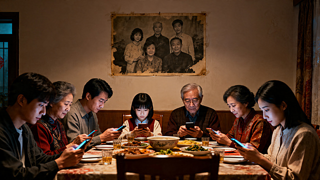 一张对比强烈的横版照片，前景是节日里一大家人围坐餐桌，几乎所有人都低头看着手中的手机屏幕，背景是墙上略显寂寥的旧全家福照片，画面诠释数字时代的疏离，暖色调室内氛围，高对比构图，摄影作品