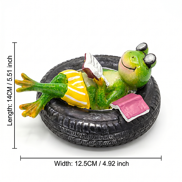 Keep the original frog ornament and background unchanged. Add dimension lines with clear labels. Length: 14CM / 5.51 inch, Width: 12.5CM / 4.92 inch. Dimension lines are black thin lines, text is clear black font. Located on the outer edge of the product, do not block the product. Keep 1:1 ratio, 2K resolution, commercial product photography.