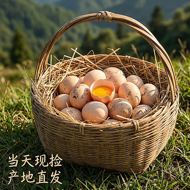 [主图 4 场景体验] 主图主题：农家竹篮装土鸡蛋场景展示，氛围风格：自然真实农家氛围，原生接地气，有生活代入感。画面元素：一只农家竹篮放在山林草地，篮中铺着稻草，上面摆放着多个带泥土的新鲜土鸡蛋，背景是青山绿树，暖阳光下，整体充满生活气息。配色色系：主色调：竹篮棕、草地绿；辅助色：鸡蛋米棕色。视角构图：平视，竹篮主体占据画面中心，背景虚化。文字版式：左下角文案 "当天现捡 产地直发"，字体为浅棕色手写风格，放在草地留白处，不遮挡鸡蛋主体。比例分辨率：2k 分辨率