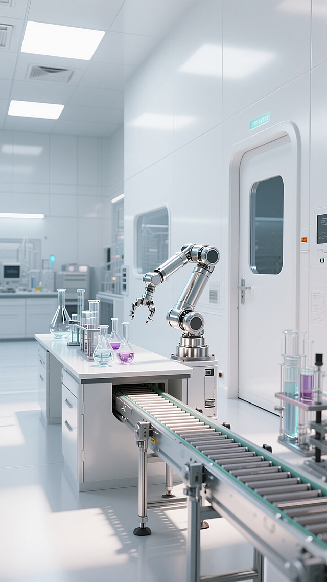 美妆研发工厂场景，以白色为主色调，特写右侧舱门连接带机械臂的自动化传送带，传送带旁边摆放玻璃仪器的实验台