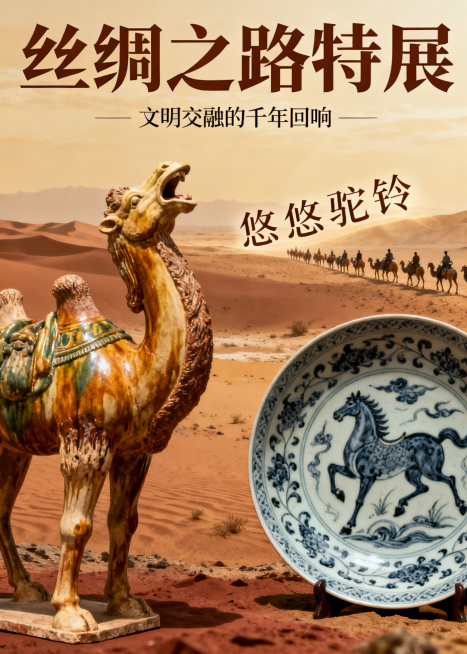 丝绸之路特展主题海报，画面包含昂首嘶鸣的唐三彩骆驼、带有天马纹饰的青花瓷盘，背景是苍茫的戈壁沙漠，远处有商队和悠悠驼铃，整体呈现历史厚重感和文明交融的氛围，风格厚重典雅充满历史感预览效果
